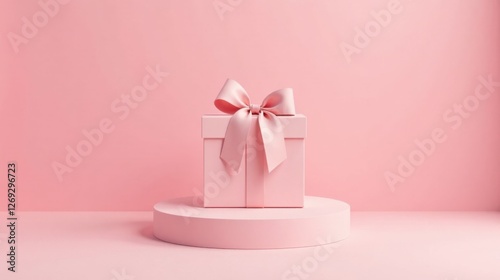 A Pink Gift Box with a Delicate Bow Rests on a Circular Pedestal Against a Soft Pink Background
