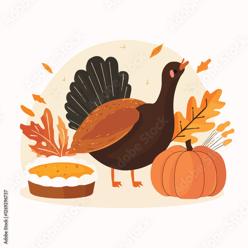 Classic Thanksgiving items like a turkey, pumpkin pie, and autumn leaves.