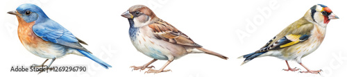 Colorful bird illustrations, detailed watercolor style, nature art, wildlife depiction, educational purposes, decorative prints.