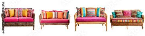 Cozy and inviting boho inspired wicker furniture set in a vibrant living room interior with colorful patterned throw pillows and cushions creating a warm and comfortable atmosphere photo