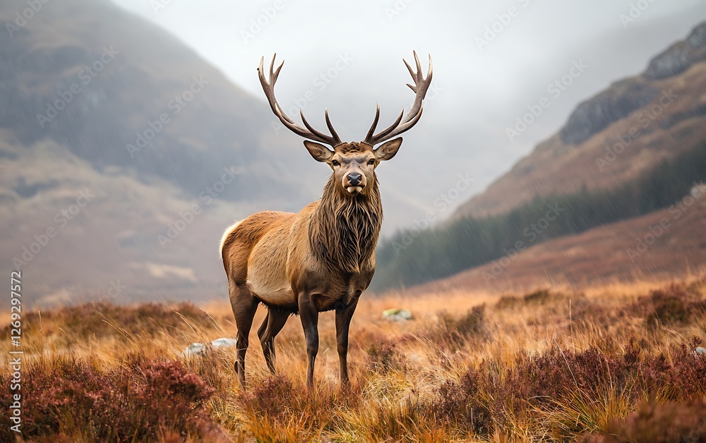 Fototapeta premium Majestic red deer stag standing proudly amidst the rugged Scottish Highlands with its impressive antlers on display against a misty mountain backdrop evoking a sense of wild beauty and nature's grande