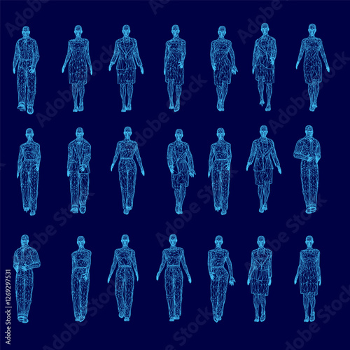 A blue image of a group of people walking. The image is a computer-generated animation of people walking in a line. The people are all dressed in business attire