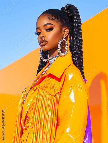 Fashionable woman in bright orange jacket outdoors