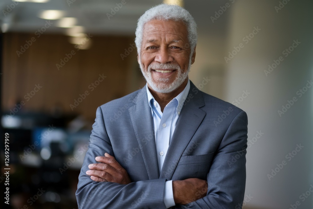 Confident Elderly African American Businessman Gray Suit Smiling Modern Office - Professional Leadership Diversity Corporate Branding Marketing Confident Elderly African American Businessman Gray Suit Smiling Modern Office - Professional Leadership Diversity Corporate Branding Marketing