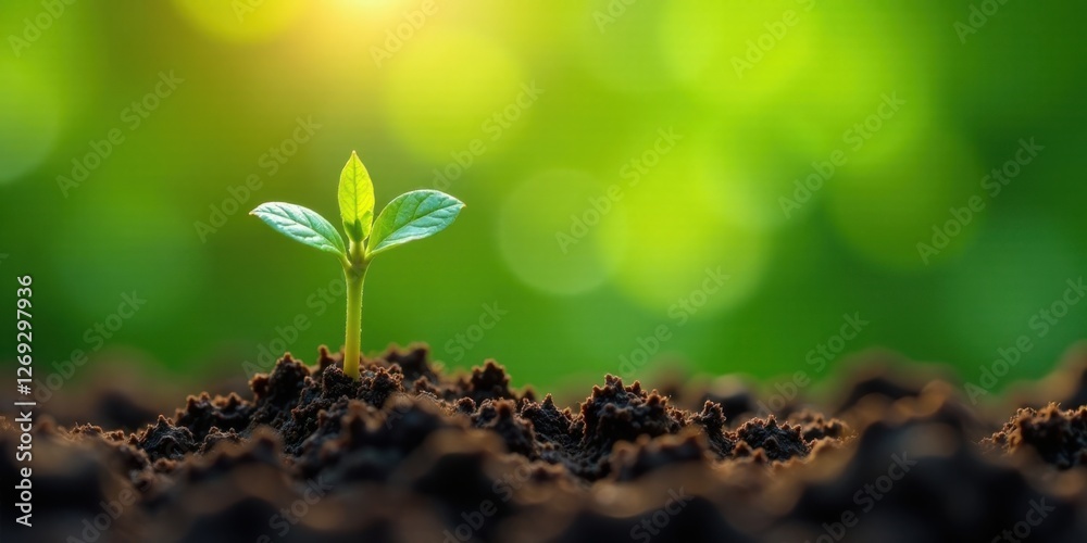 Naklejka premium A tiny sprout emerges from dark earth, bathed in the warm glow of sunlight against a vibrant green backdrop, symbolizing growth, renewal, and the promise of a flourishing future.