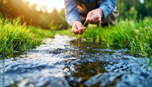 Fisherman casts fly in a mountain stream photo