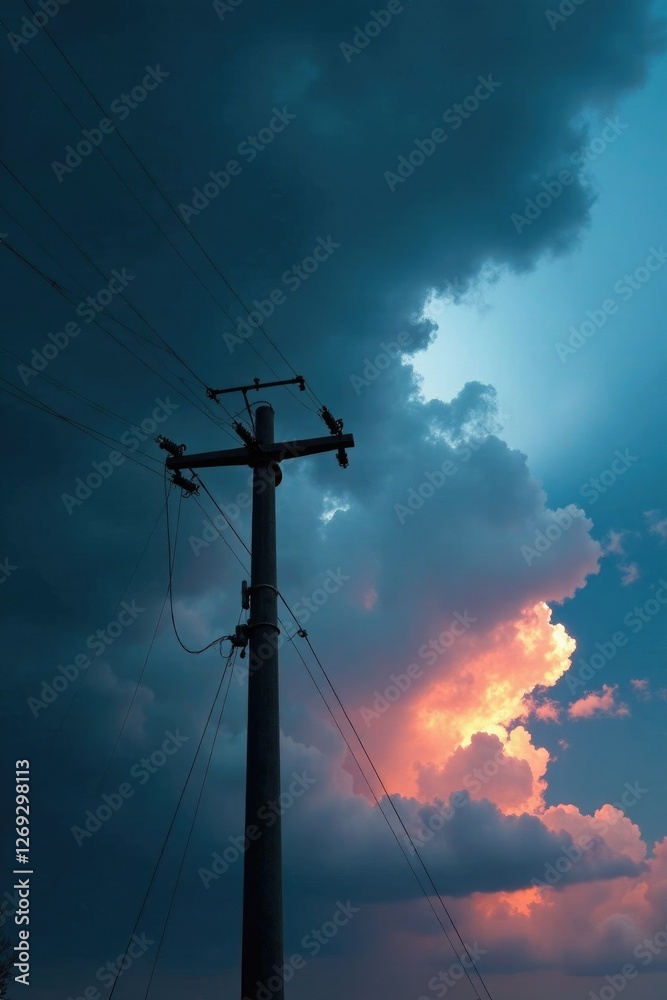 Stormy sky with utility pole against dark clouds, transmission, cloudy, infrastructure Stormy sky with utility pole against dark clouds, transmission, cloudy, infrastructure