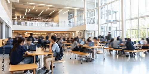 Vibrant Asian University Scene: Students in Cafeterias, Engaged Conversations, Study Groups in Libraries, Bustling Campus Environment, Modern Academic Spaces