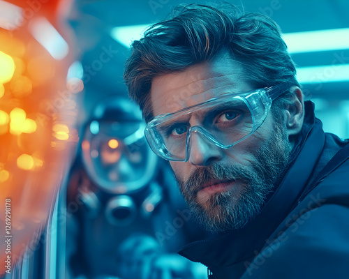 Focused Man in Futuristic Workshop, Safety Glasses, Intense photo