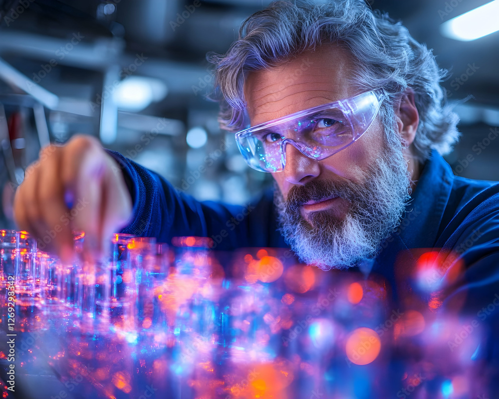 Focused senior scientist working in a laboratory, examining samples, futuristic setting. Possible use Science education Focused senior scientist working in a laboratory, examining samples, futuristic setting. Possible use Science education