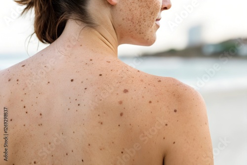 A detailed image of a person’s back, focusing on the natural presence of freckles, moles, and pigmentation patterns.