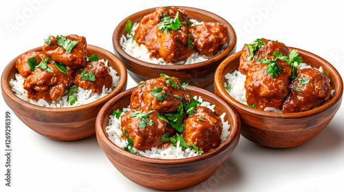 Four Bowls of Chicken Tikka Masala with Rice on White Background. Possible use Food photography for recipe or restaurant promotion photo