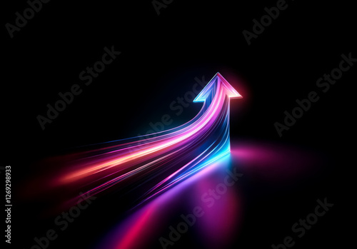 A vibrant, glowing arrow streaks upwards on a dark backdrop.  The arrow, illuminated in hues of blue, pink and red, suggests forward motion and bright direction.