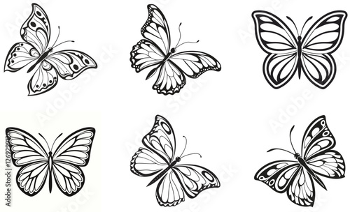 Butterfly Vector Set Elegant Black and White Outline Illustrations of Flying Insects with Decorative Wing Patterns