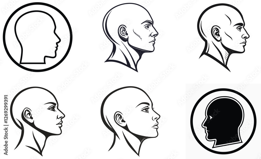Minimalist Human Head Profile Black and White Side View Vector Illustration Minimalist Human Head Profile Black and White Side View Vector Illustration