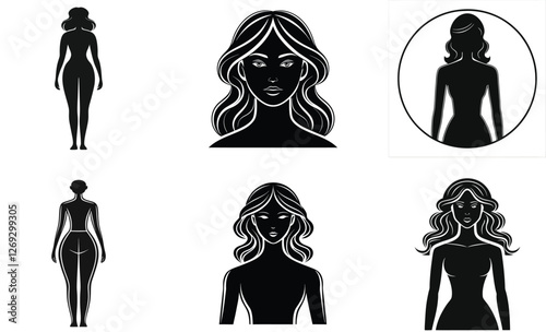 Elegant Female Silhouette with Wavy Hair Stylish Black and White Vector Illustration
