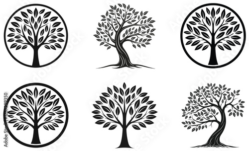 Elegant Tree Logo Set Black Silhouette Nature Icons for Branding & Design