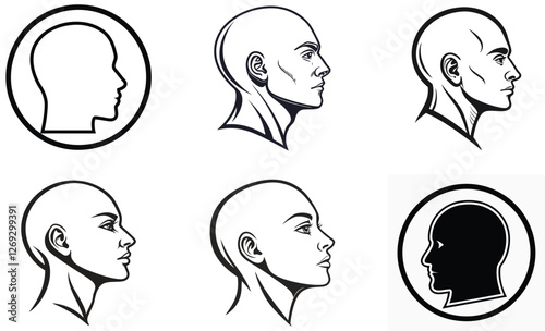 Minimalist Human Head Profile Black and White Side View Vector Illustration