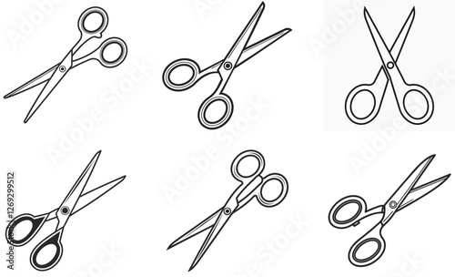 Scissors Icon Set Outline Vector Illustrations of Cutting Tools for Hairdressing, Sewing, Craft, and Office Use