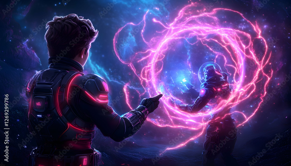 Futuristic characters interacting with cosmic energy Futuristic characters interacting with cosmic energy