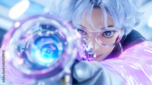 Futuristic character aiming a futuristic weapon in a modern setting.  Possible use  Sci-fi concept art for video game, movie, or advertising