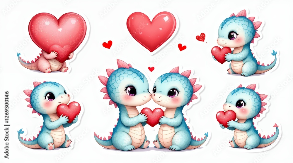 Obraz premium Cute baby dinosaurs are holding hearts for valentine s day