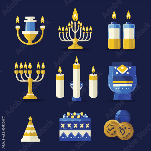 Traditional Hanukkah symbols including a menorah, dreidel, and candles.