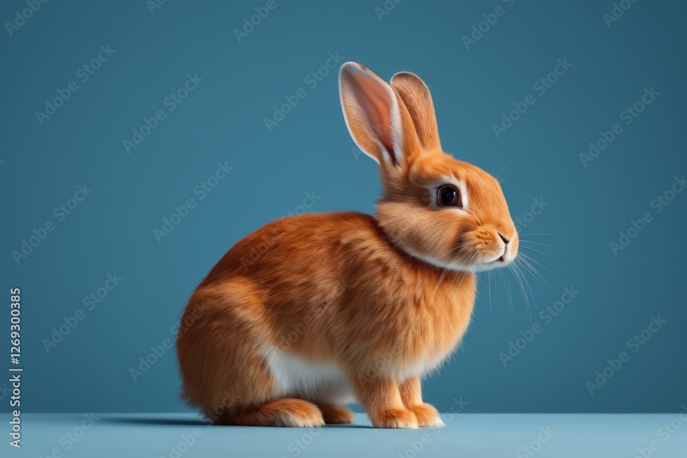 Fototapeta premium there is a small rabbit sitting on a table with a blue background