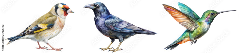 Fototapeta premium Colorful bird illustrations, detailed watercolor style, vibrant feathers, nature art, wildlife depiction, educational purpose.