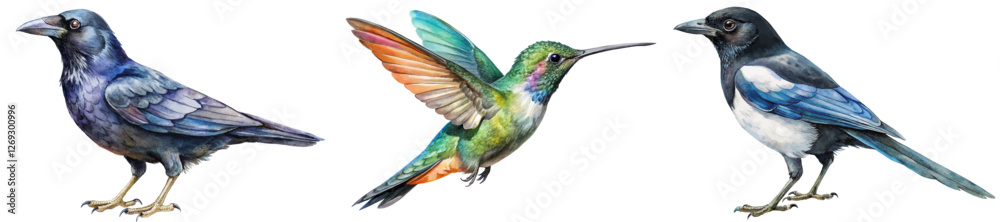 Fototapeta premium Colorful bird illustrations, detailed watercolor style, nature-themed artwork, vibrant feathers, artistic design, wildlife representation.