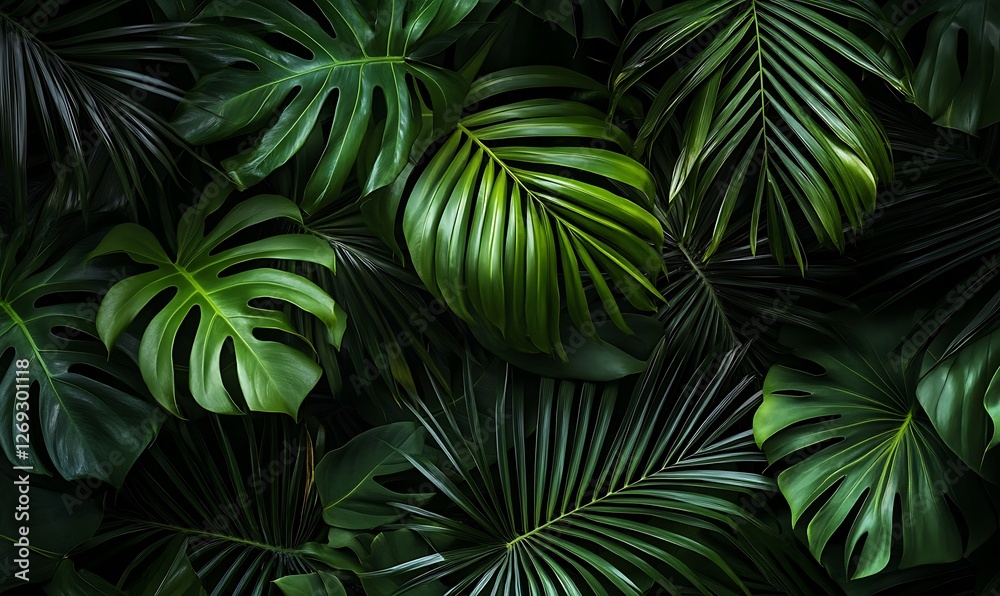 Deep green palm leaves create a lush tropical background with intricate details and a sense of depth evoking a natural exotic and summery vibe perfect for designs Deep green palm leaves create a lush tropical background with intricate details and a sense of depth evoking a natural exotic and summery vibe perfect for designs