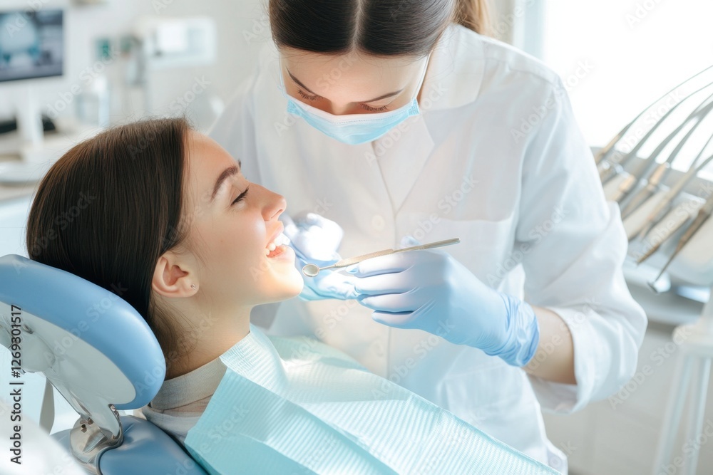 Dentist examining patient's teeth with mirror for oral hygiene and dental healthcare checkup Dentist examining patient's teeth with mirror for oral hygiene and dental healthcare checkup