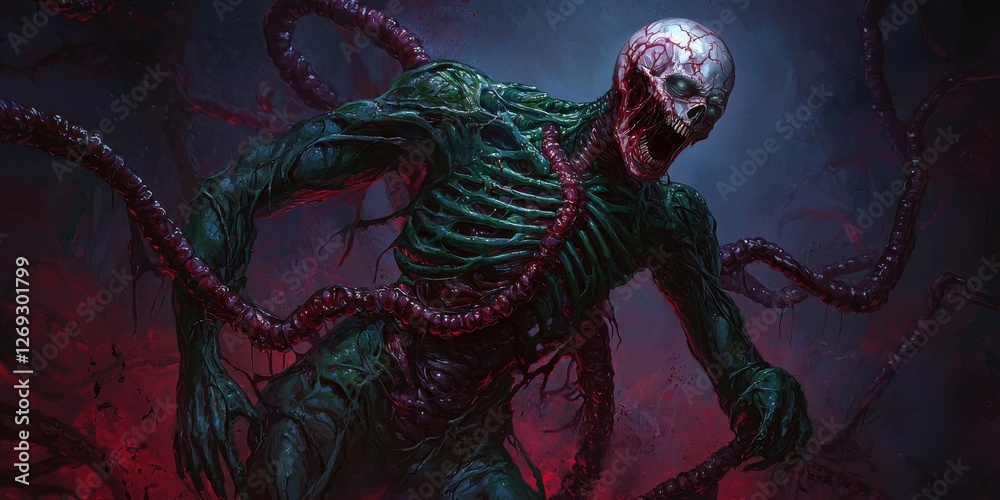Fototapeta premium A sinister creature with a skeletal body and a skull head, entwined in dark tendrils, exudes an eerie, otherworldly presence.