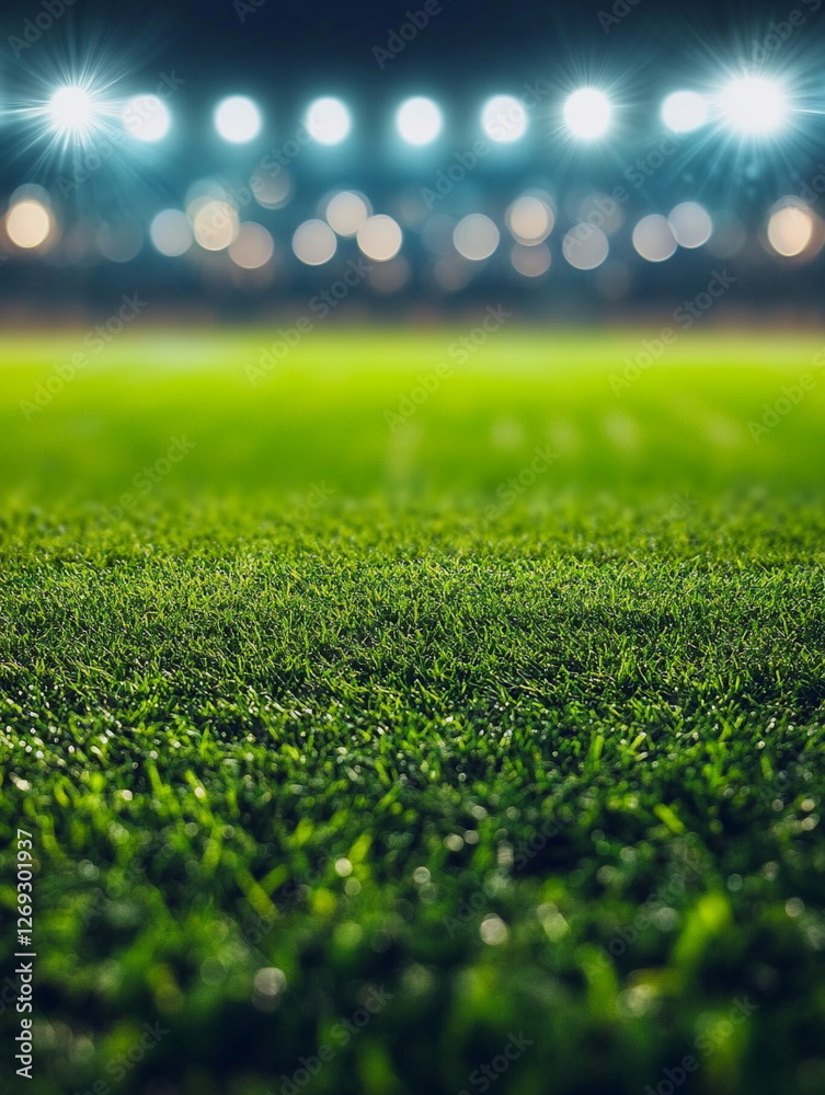 Naklejka premium Empty football soccer field under bright sunlight, ready for a match. The vivid green grass and clear sky create a perfect setting for a professional game.