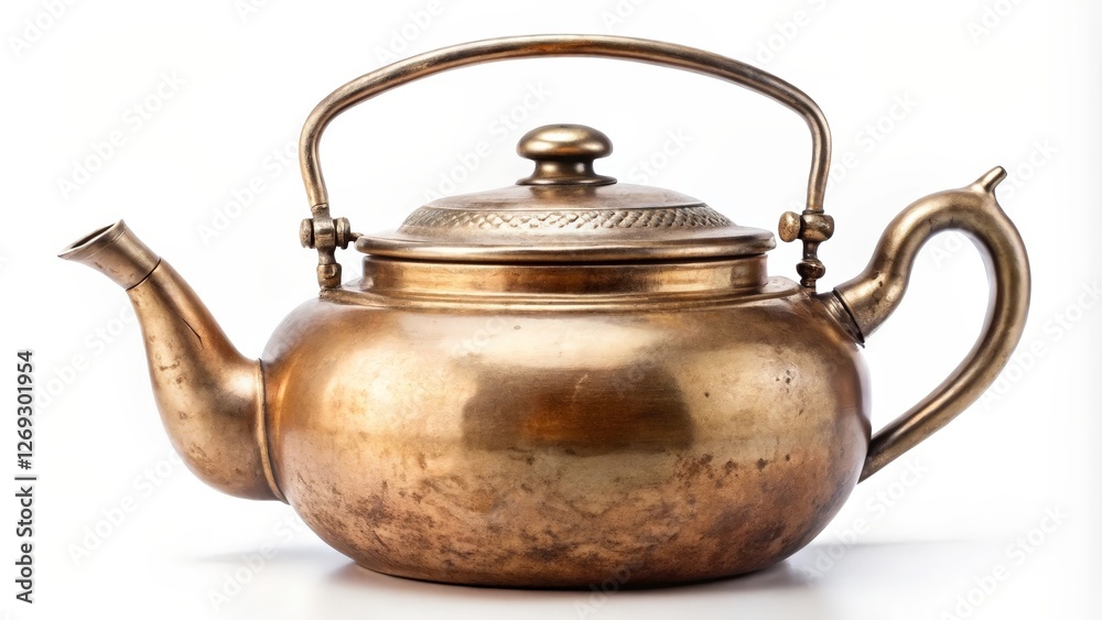 Antique Brass Kettle on White Background