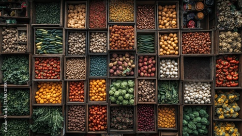 Wallpaper Mural Colorful produce market stall; diverse vegetables, overhead view, food background, healthy eating Torontodigital.ca