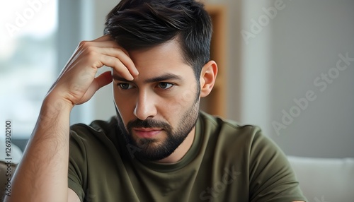 A person holding their head with one hand, wearing a green shirt, with an expression that is indeterminate. The setting is indoor, and the background is out of focus