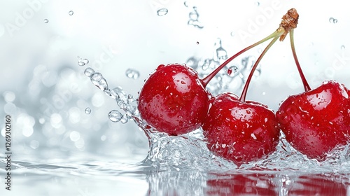 Fresh cherries splashing into clear water, creating vibrant and refreshing scene