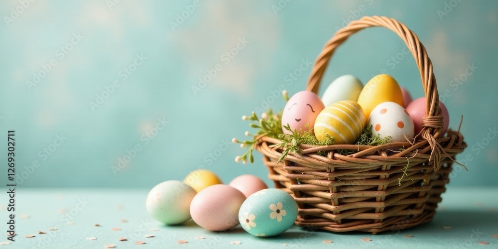 Pastel-colored eggs nestled in a woven basket, adorned with spring blossoms, rest on a table scattered with confetti. Pastel-colored eggs nestled in a woven basket, adorned with spring blossoms, rest on a table scattered with confetti.