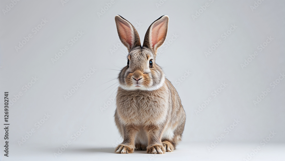 Fototapeta premium Brown rabbit sitting on white background with ears up