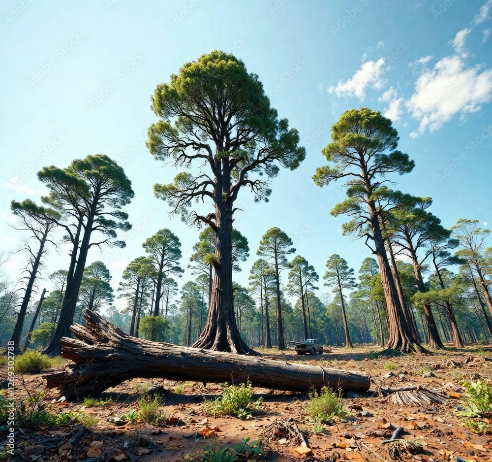 Towering eucalyptus trees once stood here now lying on the ground after a clear-cutting operation, Ecological collapse, Ecosystem failure, Biodiversity loss Towering eucalyptus trees once stood here now lying on the ground after a clear-cutting operation, Ecological collapse, Ecosystem failure, Biodiversity loss