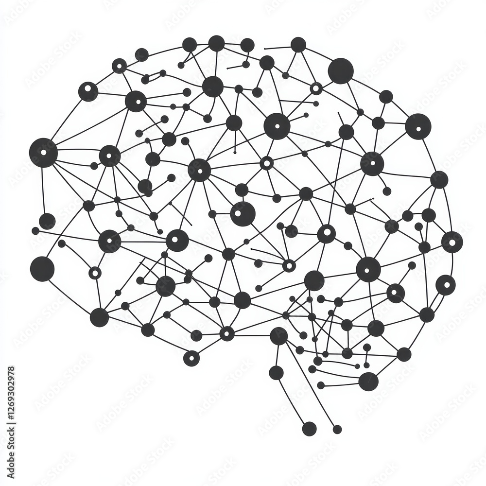 Neural network brain model with abstract connected nodes in black and white Neural network brain model with abstract connected nodes in black and white