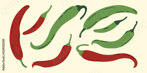 Set of red and green chili peppers. Spicy vegetable, hot pepper. Flat vector illustration.
