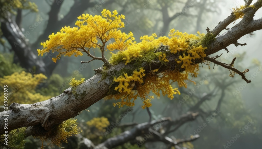 Tree branch covered in bright yellow lichen and algae , environmental details, algae, pattern Tree branch covered in bright yellow lichen and algae , environmental details, algae, pattern