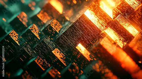 Intricate Glowing Rectangular Blocks in Teal and Orange photo