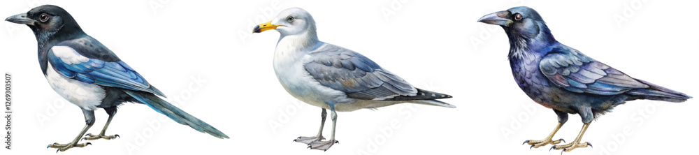 Fototapeta premium Colorful bird illustrations, detailed wildlife art, natural habitat depiction, educational purpose, avian diversity showcase.