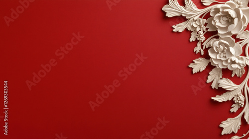 Background, Elegant red background with white floral embellishments on one corner, creating a sophisticated aesthetic.