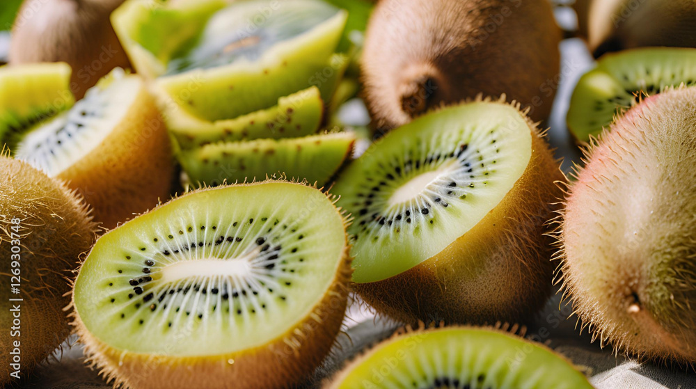 Close-up of fresh and juicy kiwi in various colors neatly arranged, showing the natural beauty and diversity of the fruit Close-up of fresh and juicy kiwi in various colors neatly arranged, showing the natural beauty and diversity of the fruit