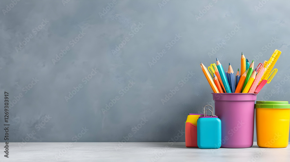 Obraz premium Colorful pencils, pens, and erasers on desk, grey background, back to school