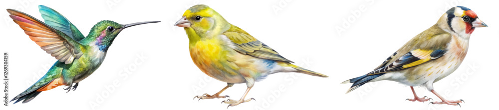 Fototapeta premium Colorful bird illustrations, detailed wildlife art, vibrant hummingbird, yellow finch, European goldfinch.